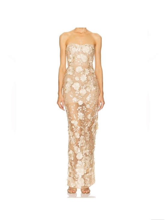 innovare denim Dresses & Skirts - Strapless Floral Embroidered Maxi Jasmine Dress Gown in light Gold Bronx